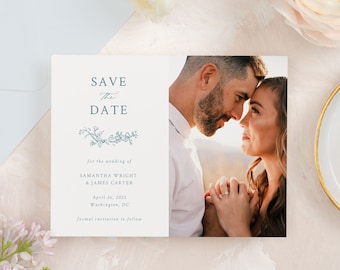 SAMANTHA | Modern Floral Wedding Save the Date with Picture, Simple Printed Save the Dates, Blue Save the Date Cards, Classic Wedding