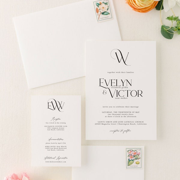 Minimalist Wedding Invitation Suite with Modern Monogram | Classic Formal Wedding Invitation Set | Custom Traditional Invites | Evelyn