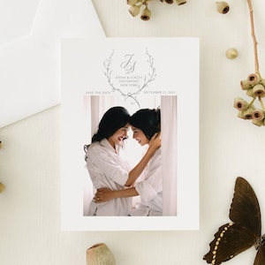 Printed Photo Save the Date Card with Monogram and Wreath | Jenna