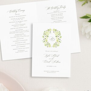 May include: A wedding ceremony program with a green and white floral design. The program lists the order of events for the wedding of Tyler Stout and Daniel Sellars on September 11, 2023 at The Point at Norwalk Cove, Norwalk, Connecticut.