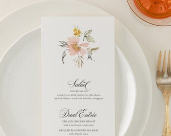 Printed Wedding Menu with Muted Pastel Flowers | Classic, Elegant Wedding Reception Floral Menu | Katrina