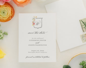 Save the Date with Botanical Crest | Spring or Summer Wedding | Catherine