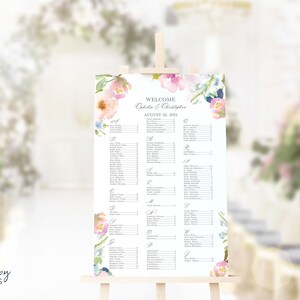 OPHELIA | Eleganter Hochzeits-Sitzplan mit Aquarell Frühlingsblumen, Blumenhochzeits-Tischplan mit Blush Pink und Blau Pastell bemalten Blumen