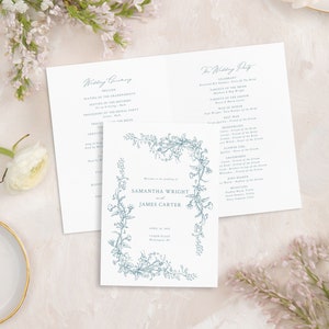May include: Wedding ceremony program with a floral design in blue on a white background. The program lists the order of events for the wedding ceremony and the wedding party. The wedding is for Samantha Wright and James Carter on April 18, 2023 at Tudor Place in Washington, DC.