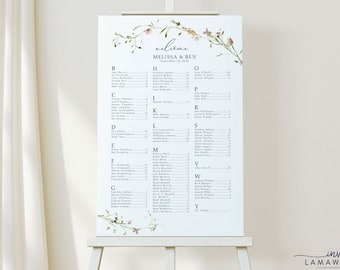 MELISSA |  Floral Wedding Seating Chart, Pink Wildflower Alphabetical Seating Chart, English Garden Printable Wedding Table Plan