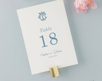 CHRISTINA | Dusty Blue Wedding Printed Table Numbers, Vintage Monogram Wedding Table Numbers | 5x7 or 4.25x5.5 | White or Ivory