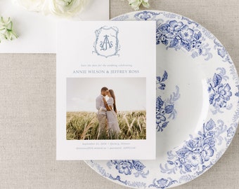 ANNIE | Modern Save the Date with Picture & Monogram Crest, Classic Wedding Save the Dates, Dusty Blue Wedding, Printed Save the Date Cards