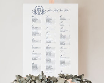 DAPHNE | Navy Blue Wedding Seating Chart with Elegant Monogram, Classic Wedding Seating Chart Alphabetical, Seating Chart Wedding Printable