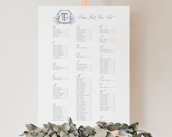 DAPHNE | Navy Blue Wedding Seating Chart with Elegant Monogram, Classic Wedding Seating Chart Alphabetical, Seating Chart Wedding Printable