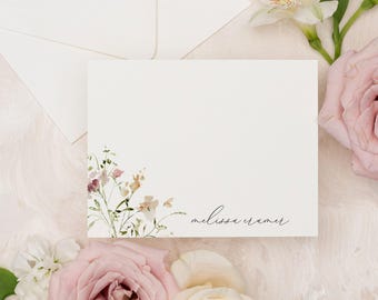 MELISSA | Wildflower Personalized Stationary, Elegant Script Note Cards, Delicate Floral Design Stationery, Feminine Thank You Cards, Flat