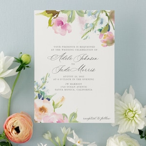 Elegant Wedding Invitation Suite with Watercolor Spring Flowers Printed Invite with Blush Pink and Blue Pastel Painted Florals Ophelia image 2