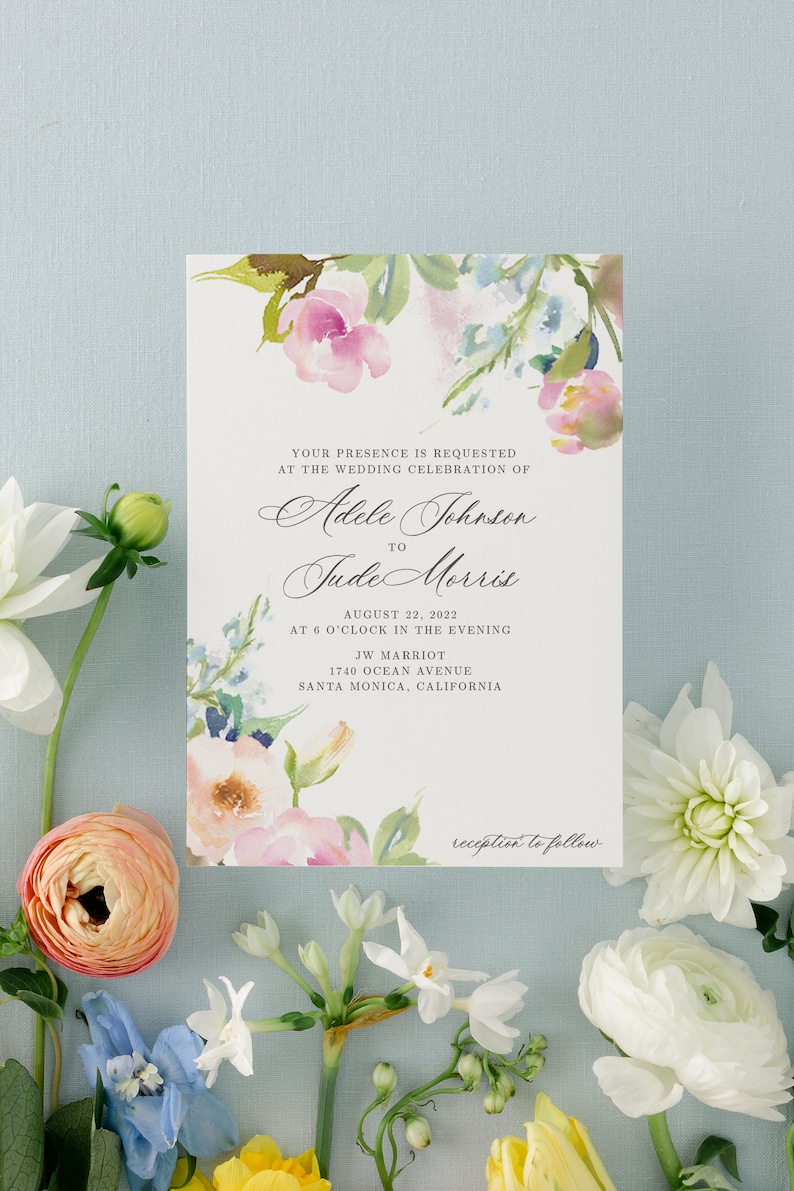 Elegant Wedding Invitation Suite with Watercolor Spring Flowers Printed Invite with Blush Pink and Blue Pastel Painted Florals Ophelia image 2