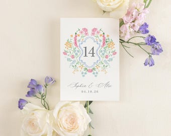 SOPHIA | Printed Pink, Yellow and Blue Chinoiserie Crest Table Number, Pink Floral Crest Table Number, Wildflower Wedding Table Numbers