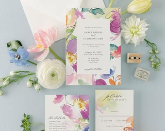 Modern Floral Wedding Invitation Suite with Bright Summer Watercolor Flowers | Invite w Bold Pink, Purple & Orange Painted Florals | Grace