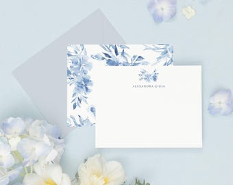 ALEXANDRA | Personalized Floral Stationery, Floral Note Card, Flower Stationary, Blue Flower Notecard, Floral Gift, Blue Botanical Note Card