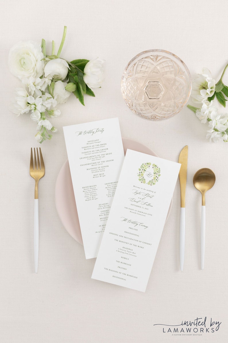 Program Caligrophy TAYLOR | Printed Wedding Program With Floral Monogram, Modern Wedding ...