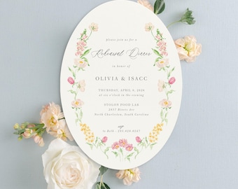 OLIVIA | Oval Floral Rehearsal Dinner Invitation Spring Summer Pastel Love in Bloom Invite, Invite Rounded, Oval Invitation Design Printed