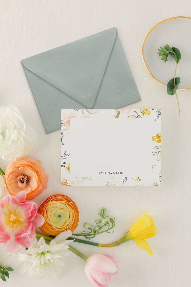 Yellow Floral Personal Stationary Set Floral Stationery Personalized for Women, Custom Note Cards, 4bar or A2 Katrina image 3