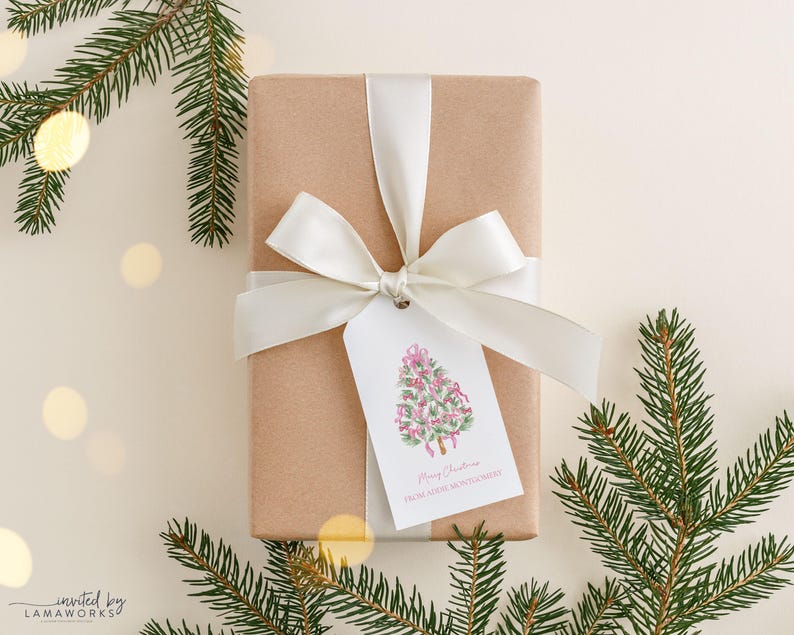 Pink Christmas Tree Design Custom Gift Tags Personalized Family Labels Holiday Present Wrapping Stickers Bow Accent Name Tags Festive Holiday Party Favors Custom Christmas Labels Wedding Gift Tags Family Name Stickers Elegant Tree Design