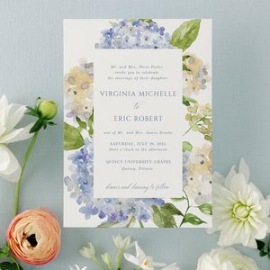 Elegant Printed Wedding Invitation Suite with Blue Watercolor Hydrangeas Invite Set with Dusty Blue and Ivory Flowers Virginia image 2
