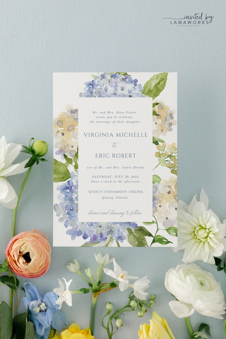 Elegant Printed Wedding Invitation Suite with Blue Watercolor Hydrangeas Invite Set with Dusty Blue and Ivory Flowers Virginia Bild 2
