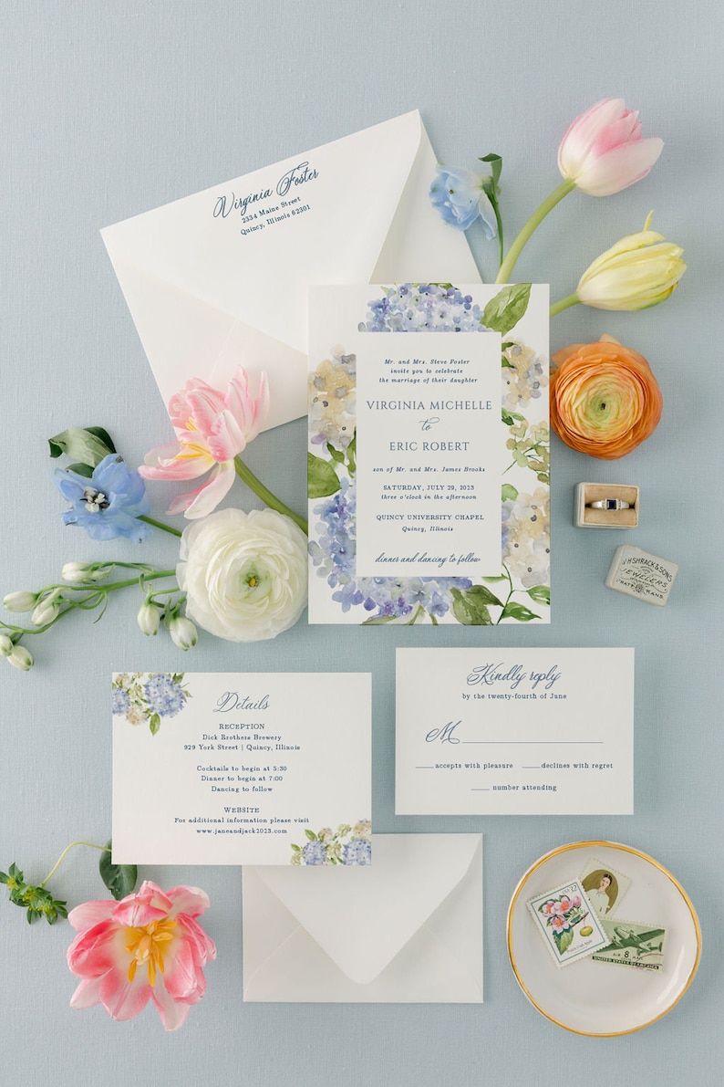 Elegant Printed Wedding Invitation Suite with Blue Watercolor Hydrangeas Invite Set with Dusty Blue and Ivory Flowers Virginia image 1