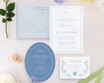 RACHEL | Classic Monogram Wedding Invitation with Border | Clean Elegant Simple Printed Wedding Invitations
