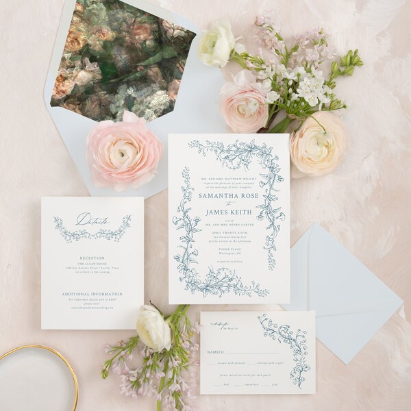 SAMANTHA | Vintage Floral Frame Printed Wedding Invitation Suite, Elegant and Traditional French Blue Botanical Wedding Invite Set