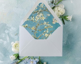 ALMOND BLOSSOM | Blue Floral Lined Envelope for Wedding Invitations, Fine Art Envelope Liner, Elegant Wedding Invitation Envelope, Van Gough