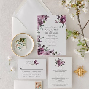 Classic Purple & Mauve Floral Wedding Invitation with Spring Roses Fall Invitation Suite with Flowers Elegant Printed Invite Natasha image 2