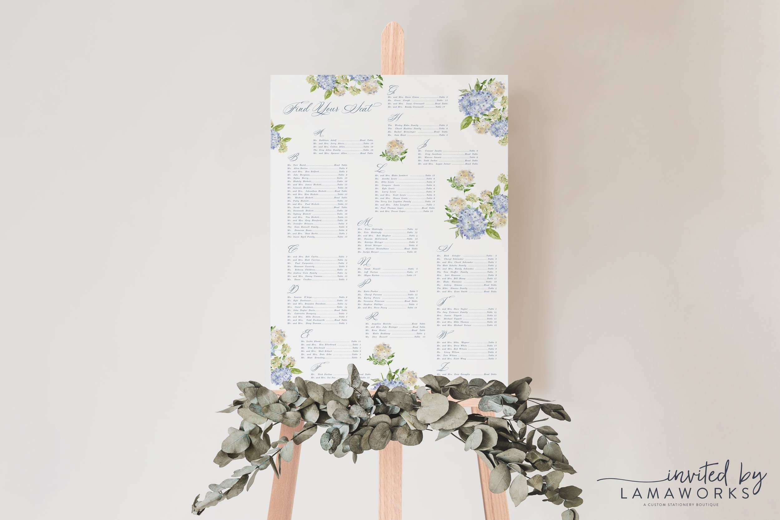Blue Hydrangea Wedding Seating Chart with Elegant Flowers, Wedding Table Plan, Printable Wedding Signs | Virginia