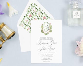 BRIANNA | Garden Floral Wedding Invitation | Elegant Crest Wedding Set with Trellis Liner | Botanical Printed Invite
