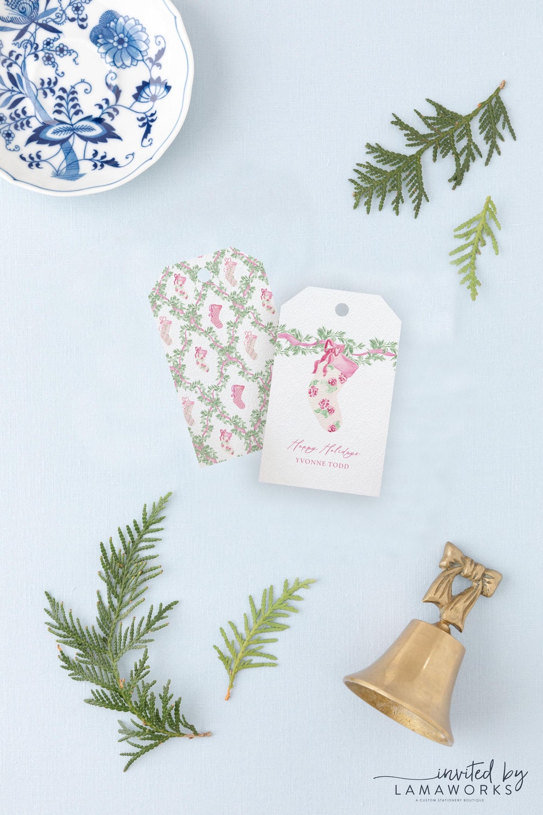 Pink Roses With Tag Pink Floral Stocking Gift Tag Set | Feminine Christmas Tags, Watercolor ...