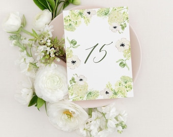 TAYLOR | Green Hydrangea Floral Wedding Table Numbers, Green and White Wildflower Table Number, Printed Table Numbers, Modern Rustic Wedding