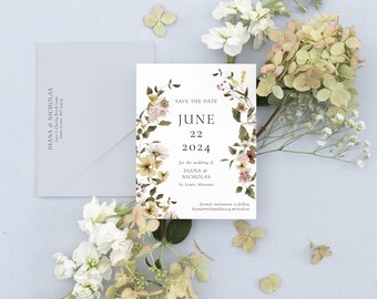 DIANA | Whimsical Wildflower Wreath Save the Date Printed, Save the Date Printed Save the Date Cards, Rustic Colorful Garden Floral, Soft