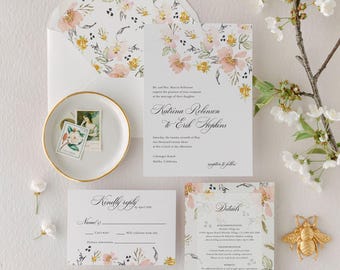 Elegant Watercolor Floral Wedding Invitation Suite | Printed Invite Set with Peach, Yellow and Pink Painted Wildflowers | Katrina