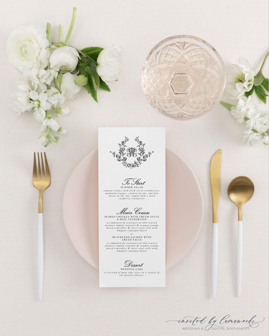 ADDISON | Personalized Monogram Wedding Menu With Crest Printed Elegant ...