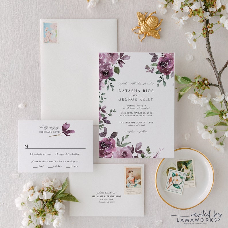 Classic Purple & Mauve Floral Wedding Invitation with Spring Roses Fall Invitation Suite with Flowers Elegant Printed Invite Natasha image 1