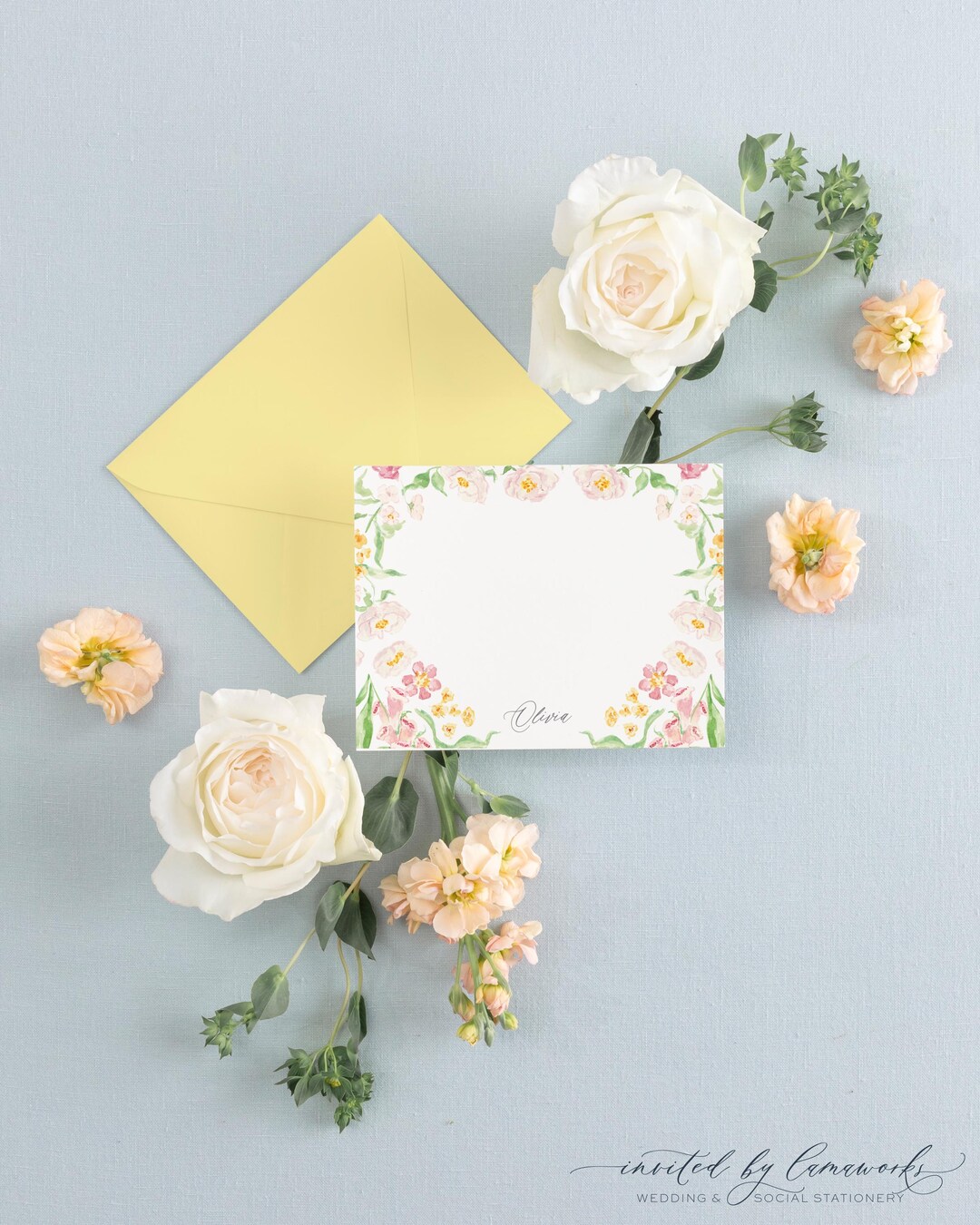 OLIVIA | Personalized Floral Note Cards Stationery With Pink and Yellow ...