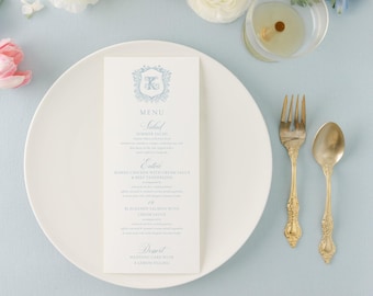 Printed Wedding Menu with Monogram and Crest  | Classic, Elegant Wedding Reception Menu | Ashley