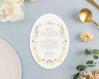 OLIVIA | Custom Printed Wedding Menus, Watercolor Floral Wedding Menus, Oval Wedding Menu, Garden Party Wedding, Yellow and Blush Pink