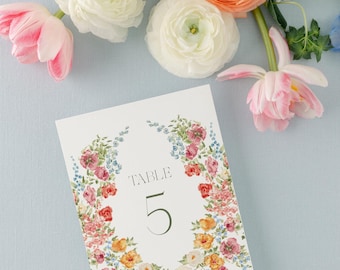 GWEN | Pink, Orange and Blue Wildflower Wedding Table Numbers, Printed Table Numbers, Wedding Table Numbers, Pastel Wildflower Floral Wreath