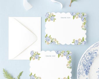 Blue Hydrangea Floral Wedding Thank You Cards | Bridal Shower Thank You Scalloped or Straight Edge |  VIRGINIA