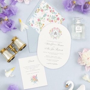 SOPHIA | Oval Colorful Wedding Invitation, Floral Monogram Crest with Blue, Pink, Yellow Watercolor Flowers Diecut Invitation Suite Printed