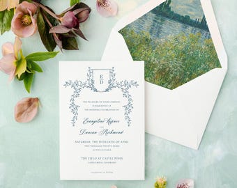 Dusty Blue Classic, Elegant Wedding Invitation Suite with Monogram Crest and Fine Art Envelope Liner | Formal Printed Invites | Evangeline