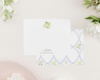 TAYLOR | Chinoiserie Personalized Floral Stationary Set Personalized, Floral Note Cards Personalized Note Cards Set, Green Hydrangea Flowers