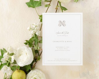 Delicate Beige Save the Date for Traditional Wedding, Elegant Taupe Monogram |  Tan Printed Save the Dates, Fine Art Wedding | Charlotte
