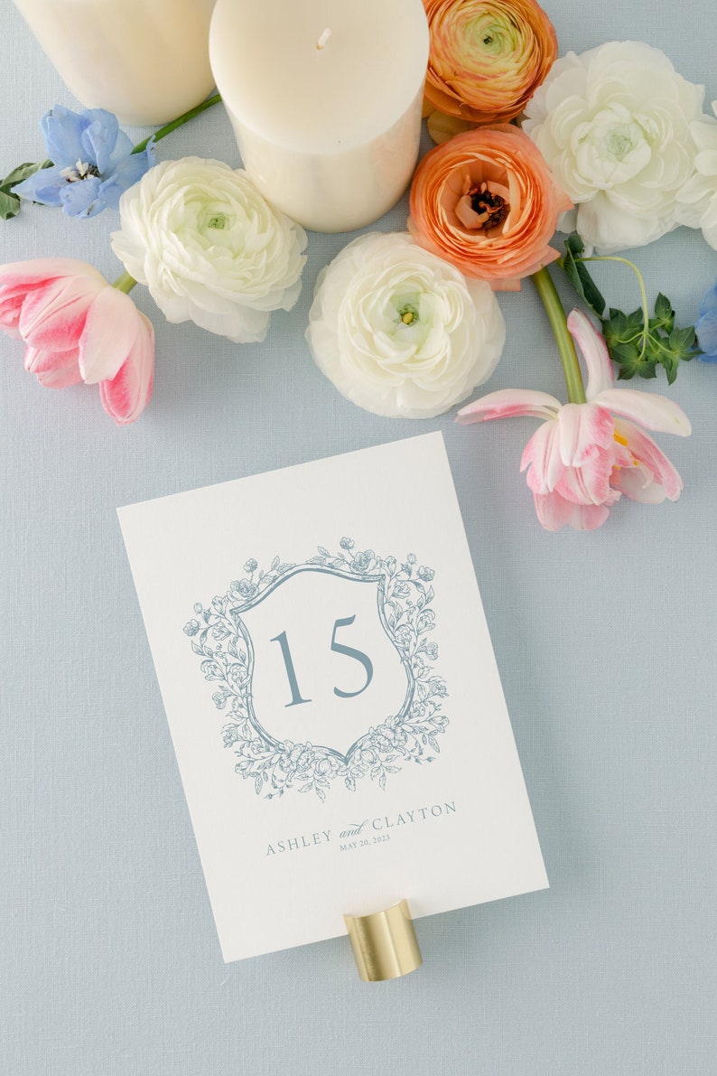 Dusty Blue Wedding Printed Table Numbers, Floral Crest Wedding Table Numbers 5x7 or 4x5 White or Ivory Ashley image 1