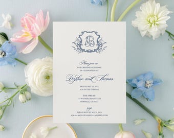 DAPHNE | Printed Rehearsal Dinner Invitation, Botanical Crest, Wedding Rehearsal Dinner Invite