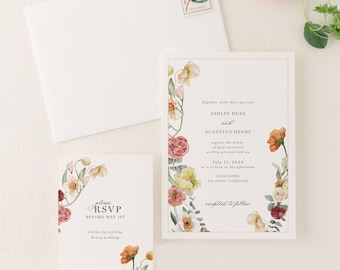 Orange, Pink & Yellow Wildflower Wedding Invitations, Floral Wedding Invitation Set, Soft Pastel Invites, Invitation Suite | CATHERINE